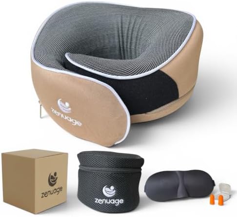 Luxury Memory Foam Travel Neck Pillow, 100% Cotton Jersey, 360° Support, with Mesh Travel Case, Flight Cushion, Eye mask and Ear Plugs, Essentials for flying, Adjustable Size, UK Brand (Latte)