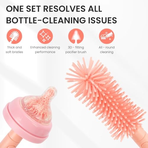 Vicloon 6 in 1 Baby Bottle Brush Set, Travel Bottle Cleaner Kit with Silicone Bottle/Nipple/Straw Brush, Soap Dispenser, and Drying Rack, Baby Travel Essentials (Pink) - Image 5
