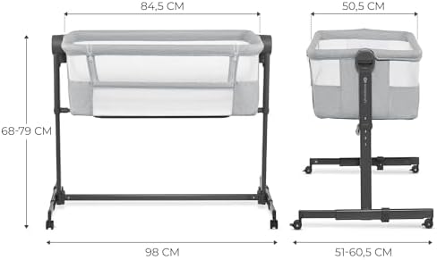 Kinderkraft Neste UP 2 Bedside Crib, Travel Cot, Co-Sleeping Bed, Ajustable Height, Foldable Side Wall, Transport Wheels, with Accessories, Cotton Sheet, for Newborn, 0-9 kg, up to 6 Month, Gray - Image 8