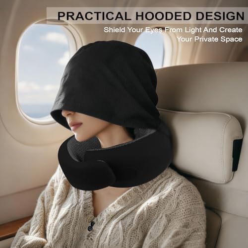 Travel Pillow with Hood for Airplane, Ergonomic Turtle Travel Pillow for Neck Support, Soft Memory Foam Hooded Neck Cushion for Long Haul Flights, Car Driving, Office Napping (Black) - Image 2