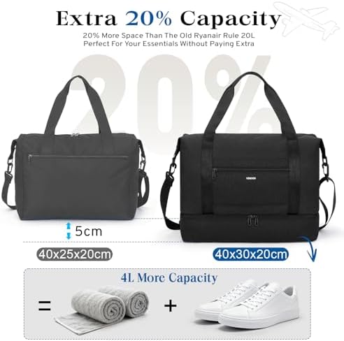 VSNOON for New Ryanair Cabin Bags 40x30x20, 24L Foldable Travel Carry on Bag with Shoes Compartment, Water-Resistant Hand Luggage Holdall Gym Bag for Weekender Overnight Flight Hospital Sports, Black - Image 4