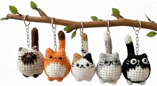 HAPLOVE Crochet Cat Set, 5 Pcs Cute Knitted Kitty Bag Charms, Soft Yarn, Kawaii Animal Backpack Purse Accessories, Keychain Making,Pet Lover Gifts for Women Girls Teens