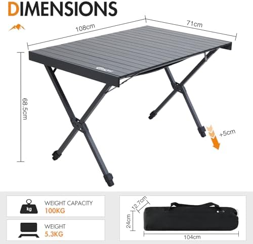 PORTAL Large Camping Table Folding 108x71cm Height Adjustable Picnic Table Foldable All Aluminum Roll Up Top Collapsible Outdoor Desk Lightweight Garden Table Load 100KG for Caravan BBQ Dining Beach - Image 2