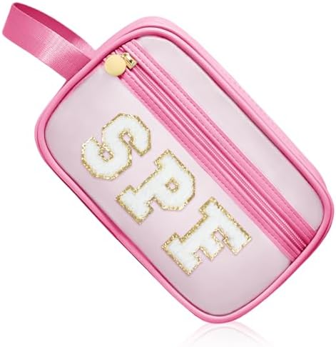 COSHAYSOO Clear Sunscreen Bag Makeup Toiletries Pouch Beach Vacation Essentials Summer Travel Stuff Accessories Personalized Graduation Gifts for Women College Teen Girls Teacher Nurse Pink SPF