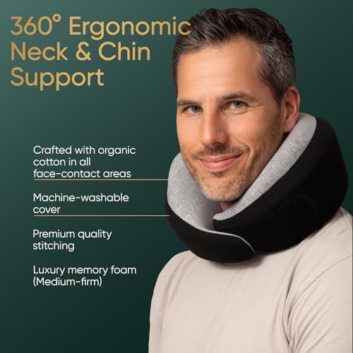 Proglobe Luxe Memory Foam Travel Neck Pillow for Airplanes, Ergonomic 360° Support with Soft Chin Support, Organic Cotton Cover, Compact Compression Bag, Charcoal Black - Image 4