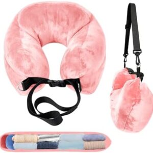 Stuffable Neck Pillow for Travel, Raised Neck Support Travel Pillow Stuffable with Clothes for Extra Luggage Space, Adjustable Strap, Relax with Soft Head Support for Airplane, Camping, Train, Hiking