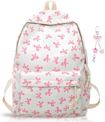 Pink Bow School Backpack for Girls | Kawaii Preppy Aesthetic Rucksack with Adjustable Straps & Keychain | 15L Cute Durable Bookbag for Teenagers, Secondary & Primary School Students