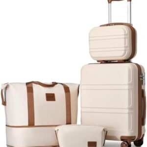 Kono 4-Piece Luggage Set, Lightweight ABS+PC Hardshell 12" and 20" Carry-On Cabin Suitcases with TSA Lock, Includes Duffle Bag and Toiletry Bag (Beige/Brown)