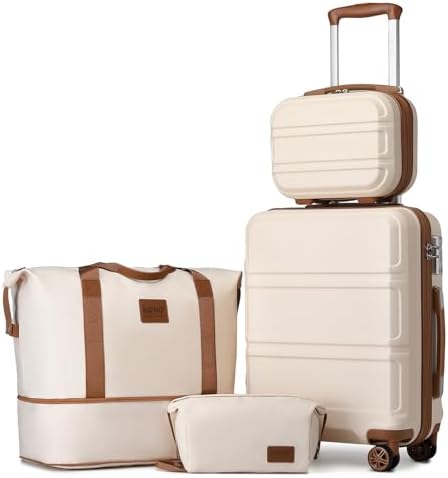 Kono 4-Piece Luggage Set, Lightweight ABS+PC Hardshell 12" and 20" Carry-On Cabin Suitcases with TSA Lock, Includes Duffle Bag and Toiletry Bag (Beige/Brown)