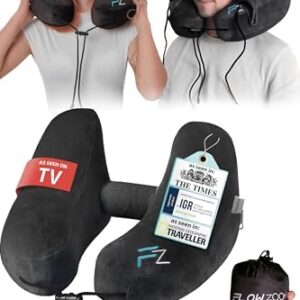 FLOWZOOM AIR Travel Neck Pillow for Airplane Inflatable Hooded Black Size L | H-Shape Support, 5 Sleep Positions, Adjustable Firmness, Washable Cover, Earplugs, Compact and Light 260g, For Plane Car Bus