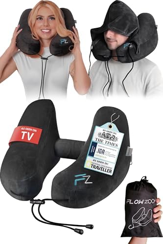 FLOWZOOM AIR Travel Neck Pillow for Airplane Inflatable Hooded Black Size L | H-Shape Support, 5 Sleep Positions, Adjustable Firmness, Washable Cover, Earplugs, Compact and Light 260g, For Plane Car Bus