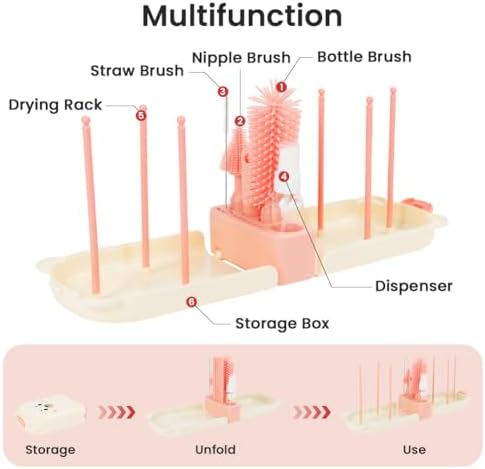 Vicloon 6 in 1 Baby Bottle Brush Set, Travel Bottle Cleaner Kit with Silicone Bottle/Nipple/Straw Brush, Soap Dispenser, and Drying Rack, Baby Travel Essentials (Pink) - Image 6