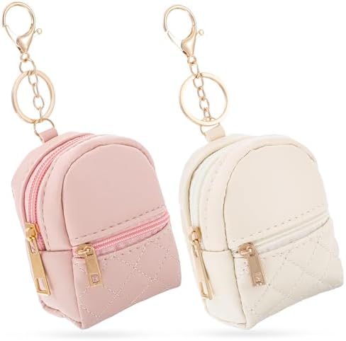 2pcs Mini Backpack Cute Cosmetic Bag for Women PU Leather Makeup Bag Creative Key Pocket Key-Chains Pendant Backpack Keyrings Lipstick Bag Card Holder Data Cable Organizer Zipper Pouch