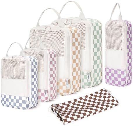Narwey Packing Cubes for Suitcases, 6 Set Compression Packing Cubes for Backpack, Packing Cube Storage Bags, Suitcase Luggage Packing Organiser for Travel Essentials Accessories (Checker Combined)