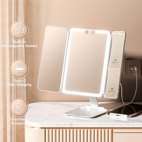 Travel Lighted Makeup Mirror with 48 LED lights, 1X/5X/10X Magnifying Tri-fold Table Mirror, Stepless Dimming and Touch Control, Portable USB Rechargeable Cosmetic Vanity Mirror - Image 6