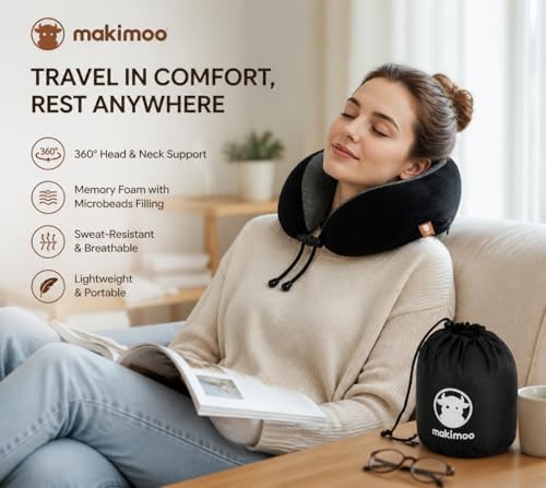 Memory Foam Travel Pillow, Neck Pillow with 360-Degree Head Support, Comfortable and Lightweight, Ideal for Sleeping on Airplane, Car, Train, Bus and Home Use, Comes with Storage Bag (Black) - Image 6