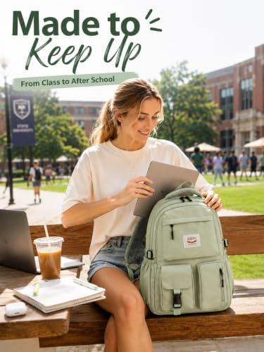 FIORETTO Lightweight School Backpack Womens, Cute School Bag for Teenager Girls, 15.6 Laptop Rucksack Backpack for School Casual Daypacks Travel Backpack for College Work Green 25L - Image 2
