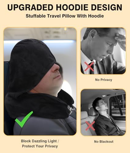 Stuffable Neck Pillow for Travel with Hood, Hoodie Travel Neck Pillow Stuffable with Clothes, Fillable Travel Pillow Storage Bag, Soft Empty Neck Pillow Case, Packable for Airplane - Image 2