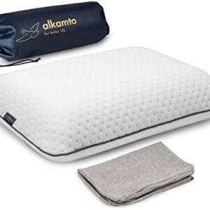 alkamto Travel Pillow - Ergonomic Neck Support Memory Foam with Temperature-Regulating Pillowcase - Includes Extra Cotton Cover and Carry Bag (15,7 x 10,6 x 3,9 In - White + Extra Cover)