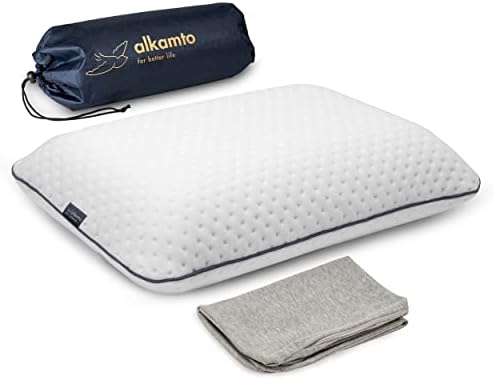 alkamto Travel Pillow - Ergonomic Neck Support Memory Foam with Temperature-Regulating Pillowcase - Includes Extra Cotton Cover and Carry Bag (15,7 x 10,6 x 3,9 In - White + Extra Cover)