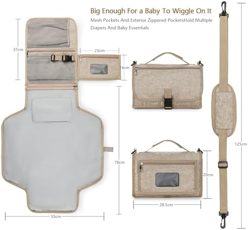 Bebamour Portable Nappy Changing Mats with Wipes Pocket Travel Baby Changing Pads with Head Cushion for Infants Waterproof Diaper Changing Pads Newborn Essentials, Khaki - Image 4