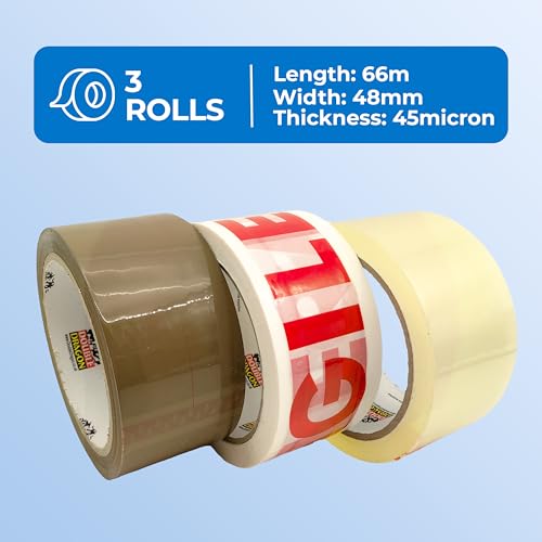 Double Dragon Mixed Packing Tape Multipack –66m Long, 48mm Wide, 3 Rolls| Brown, Clear & Fragile Printed Tape Rolls | Secure Adhesive Sealing Cellotape Tape for Parcels, Moving Boxes & Storage - Image 2