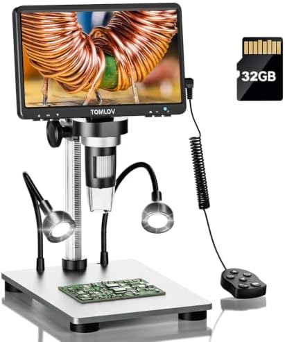 TOMLOV DM9 7" LCD Digital Microscope 1200X, 12MP Coin Magnification, 1080P HD Video Soldering USB Scope for Adult, with LED Light, Adjustable Metal Stand, PC/Windows/Mac Compatible, 32GB Card
