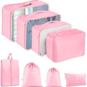 Packing Cubes for Travel- 8 Set Luggage Organizer Bags for Family, Mesh Breathable Travel Packing Cubes for Suitcases Durable Travel Essentials Bags Set (Pink, 8 Set)