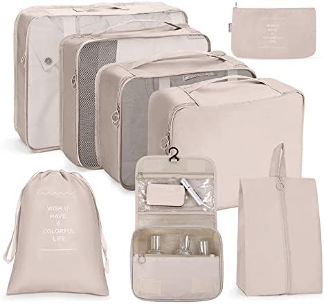 OSDUE Packing Cubes for Suitcases, 8 PCS Travel Luggage Packing Organizers Waterproof Travel Essentials Bag Accessories, Clothes Shoes Cosmetics Toiletries Storage Bags, Beige