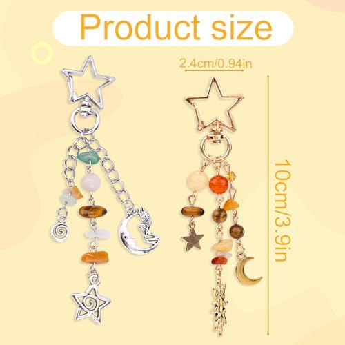 Mikovivi 2pcs Sun Moon Star Keychain Keyring, Y2K Key Chain with Gravel & Beads Boho Aesthetic Bag Charms for Women Girl Purse Handbags Backpack Accessories (Silver, Gold) - Image 2