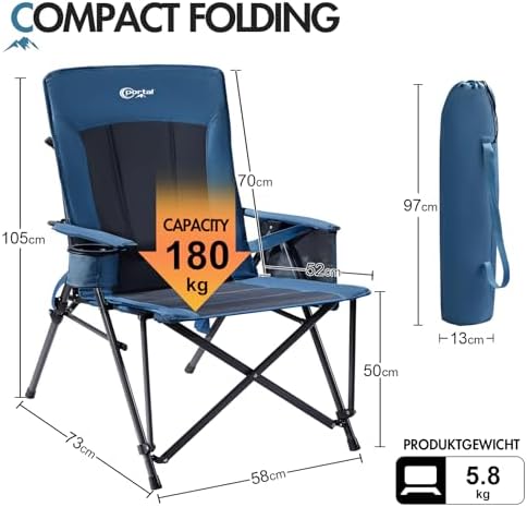 Portal Folding Camping Chair for Adults with Lumbar Support Heavy Duty 180KG High Back Garden Festival Picnic Chair Hard Armrests Deluxe Foldable Collapsible Portable for Fishing Beach Patio - Image 3