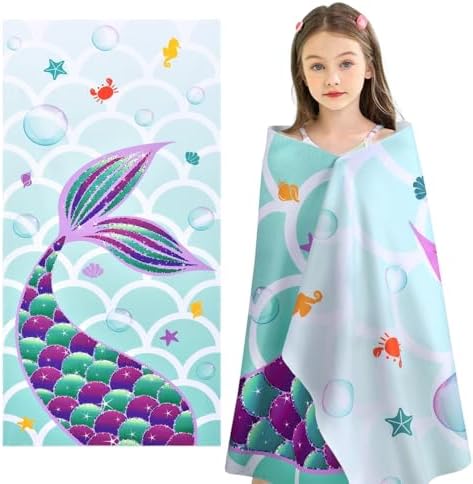 WERNNSAI Beach Towel for Kids, 76 x 150cm Mermaid Microfibre Quick Dry Sand Free Pool Towel for Girls Super Absorbent Bath Pool Camping Holiday Essentials Travel Towels for Summer - Image 2