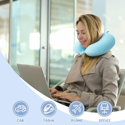 WENGX Travel Pillow Neck Pillow Memory Foam Travel Pillows Head Support Cushion for Airplane Train Car Office Travel Essential Flight Pillows for a Long Hauls Sleeping Rest (Pale Blue) - Image 2
