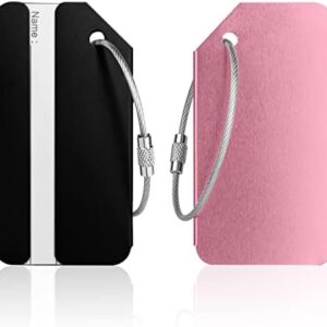 Luggage Tags, 2Pcs Aluminum Alloy Baggage Labels, Suitcase ID Tag Set, Handbag Tag Labels Travel Accessories for Checked Luggage, Hand Luggage and Handbags - Pink & Black