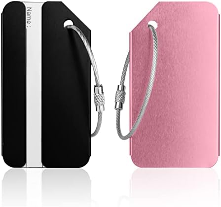 Luggage Tags, 2Pcs Aluminum Alloy Baggage Labels, Suitcase ID Tag Set, Handbag Tag Labels Travel Accessories for Checked Luggage, Hand Luggage and Handbags - Pink & Black