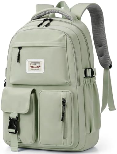 FIORETTO Lightweight School Backpack Womens, Cute School Bag for Teenager Girls, 15.6 Laptop Rucksack Backpack for School Casual Daypacks Travel Backpack for College Work Green 25L