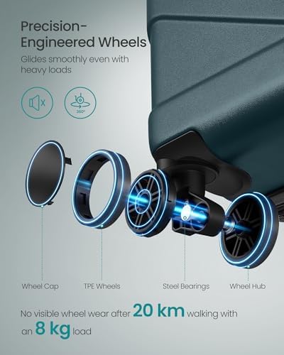 SONGMICS Hard Shell Suitcase, ABS Luggage Trolley with TSA Lock, 4 Double Spinner Wheels, Travel Case with Strap, Cabin Suitcase 55 cm, Slate Teal RLP001C101 - Image 4