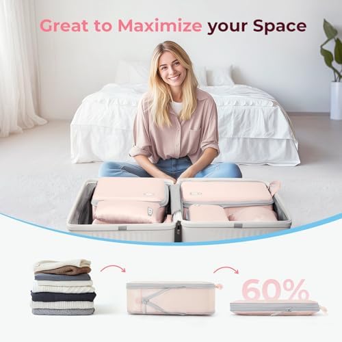 Samfolk Compression Packing Cubes for Suitcases Packing Cubes Compression Set Waterproof Suitcase Organiser Bags for Travel Suitcase Luggage Packing Organizer Bags Travel Essentials Pink 8 Set - Image 2