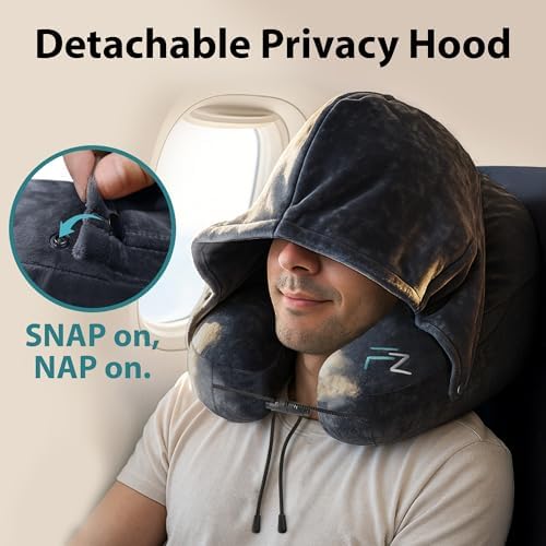 FLOWZOOM AIR Travel Neck Pillow for Airplane Inflatable Hooded Black Size L | H-Shape Support, 5 Sleep Positions, Adjustable Firmness, Washable Cover, Earplugs, Compact and Light 260g, For Plane Car Bus - Image 5