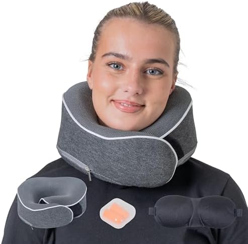 Relaxd Travel Pillow for Adults | Adjustable Memory Foam Neck Pillow for Travel | 360 Degree Neck Support | Removable Pillow Case | Includes Eye Mask, Earplugs, Travel Bag | Dark Grey | UK Brand