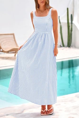 PRETTYGARDEN Women's 2025 Summer Spaghetti Strap Maxi Dresses Plaid Square Neck A Line Casual Beach Vacation Long Sundress - Image 7