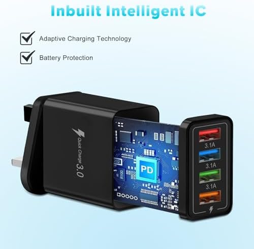 Multi USB Plug Charger UK, 4-Port USB Wall Charger Plug, Charging Power Adapter with Smart Device-Adaptive Charging Technology for All Smartphone (Black) - Image 5