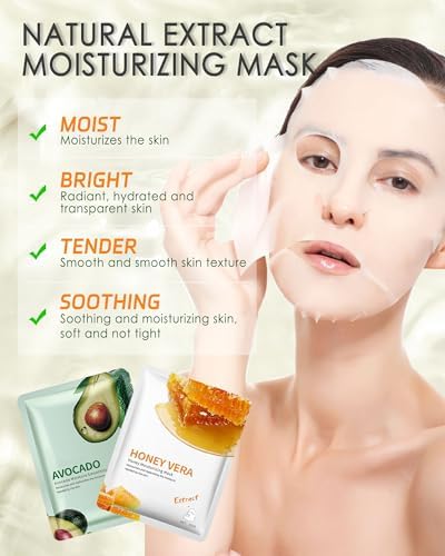 Facial Sheet Mask Set,5Pcs Avocado Hydrating Moisturizing Face Mask Product | Korean Beauty Facial Skin Care, Fade Fine Lines Beach Vacation Essentials, Thanksgiving Christmas Skincare Kit for Women Girl - Image 2