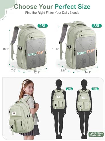 FIORETTO Lightweight School Backpack Womens, Cute School Bag for Teenager Girls, 15.6 Laptop Rucksack Backpack for School Casual Daypacks Travel Backpack for College Work Green 25L - Image 6
