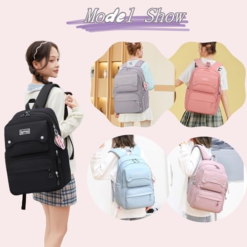 Solid Color School-Bags Backpacks for Teens Girls, Multi-pocket Elementary Girls Bookbags,Lightweight Casual Daypack - Image 7