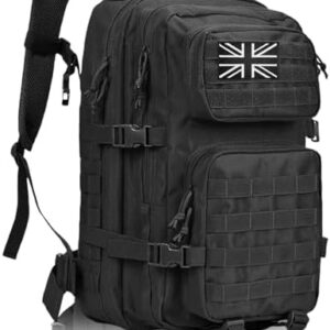 45L Military Tactical Backpacks Large Molle Army Assault Pack 3 Day Bug Out Bag Laptop Bag for Hiking Treeking Black Hunting Rucksack with 4 Flag Patches (Black)