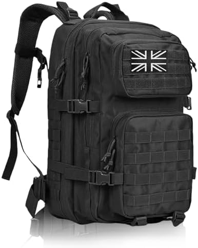 45L Military Tactical Backpacks Large Molle Army Assault Pack 3 Day Bug Out Bag Laptop Bag for Hiking Treeking Black Hunting Rucksack with 4 Flag Patches (Black)