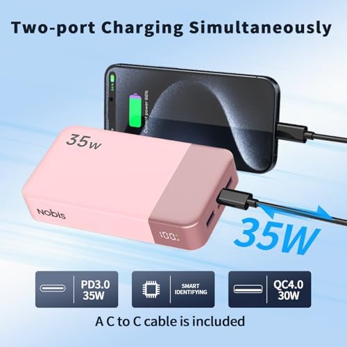 NOBIS Power Bank, 35W 20000mAh Portable Charger, USB C Fast Charging, 4 Ports External Battery Pack with LED Digital Display, Compatible with Laptop, Phone 15 14 13 Pro S23 S22 (Pink) - Image 3