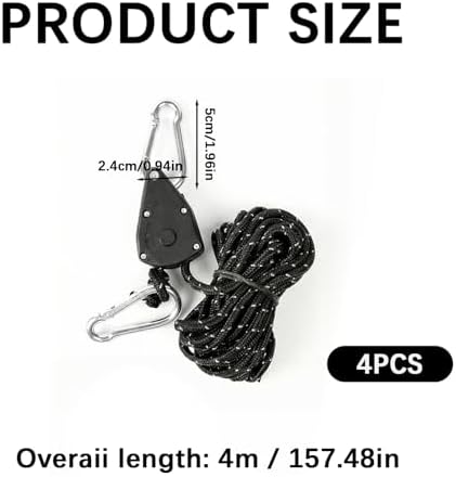 4-Pack Heavy Duty Metal Pulley Rope Adjuster Kit with 4mm Paracord & Hooks - Complete Tensioner System for Camping, Tent Guy Lines, Tarps, Hammocks and Outdoor Gear - Image 2