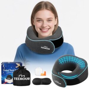 Travel Pillow for Adults,Memory Foam Airplane Pillow with 360 Neck Support, Includes Storage Bag, Eye Mask, Ear Plugs, Adjustable Travel Pillow for Long Flights,Train,Car & Business Trips(Dark Grey)
